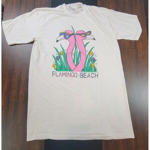 Vintage Flamingo Beach T-Shirt Sleep Shirt White Pink USA One Size Single Stitch